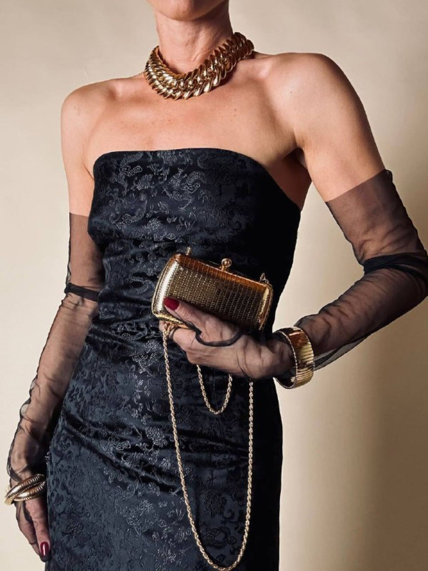 Abito a fascia in broccato di seta nero fantasia orientale