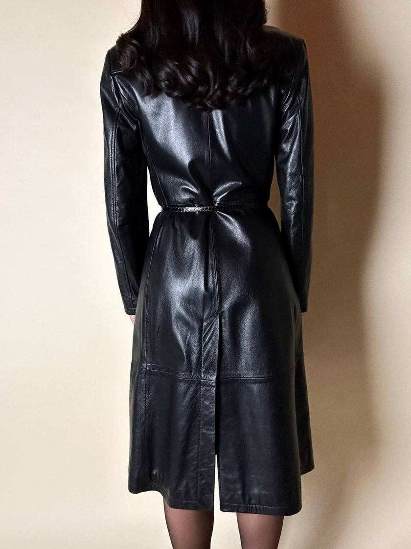 Cappotto/Robe Manteau vintage in pelle nera con spacco posteriore The Bomb
