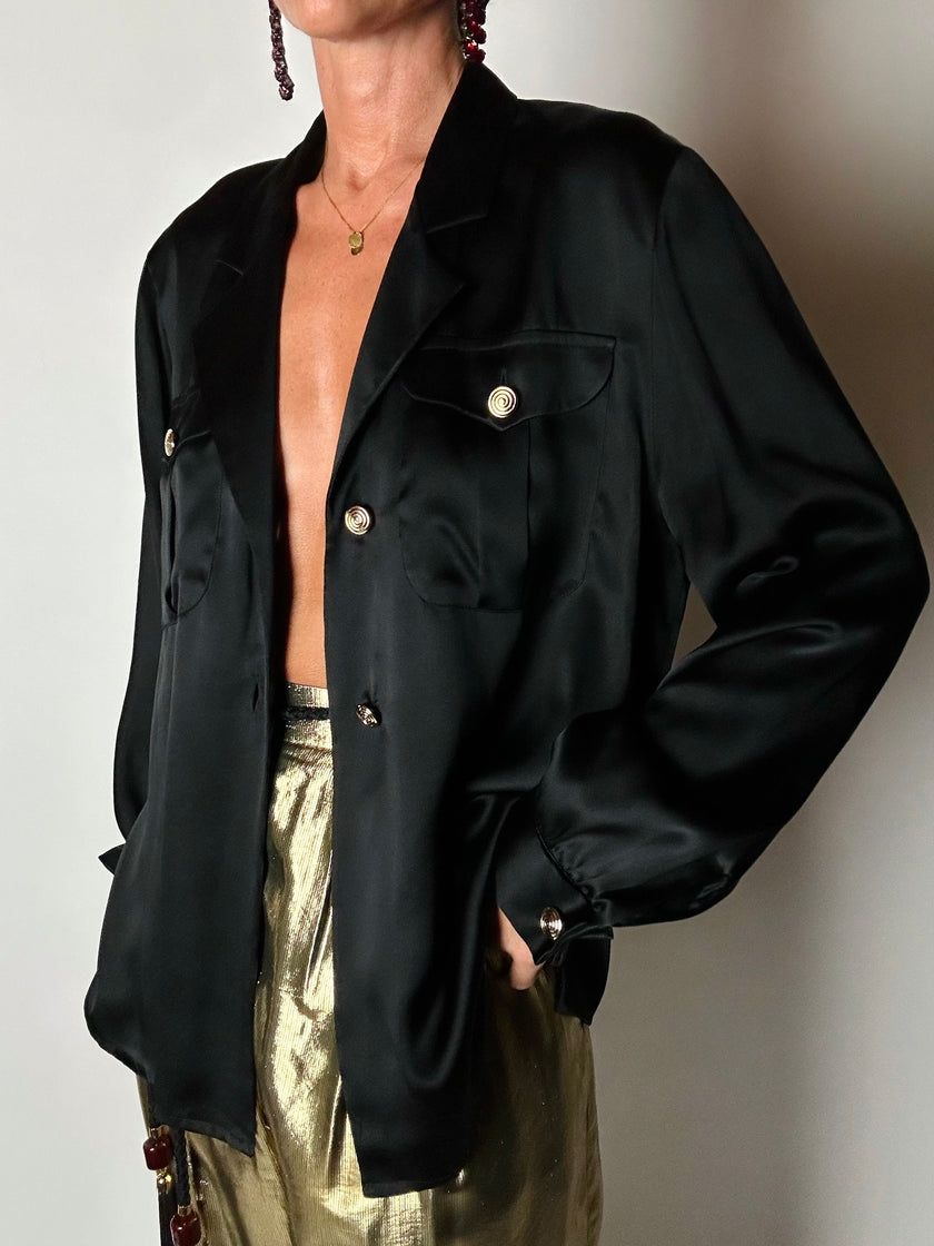 Camicia vintage Padovanelle in raso di seta nero con bottoni gioiello dorati