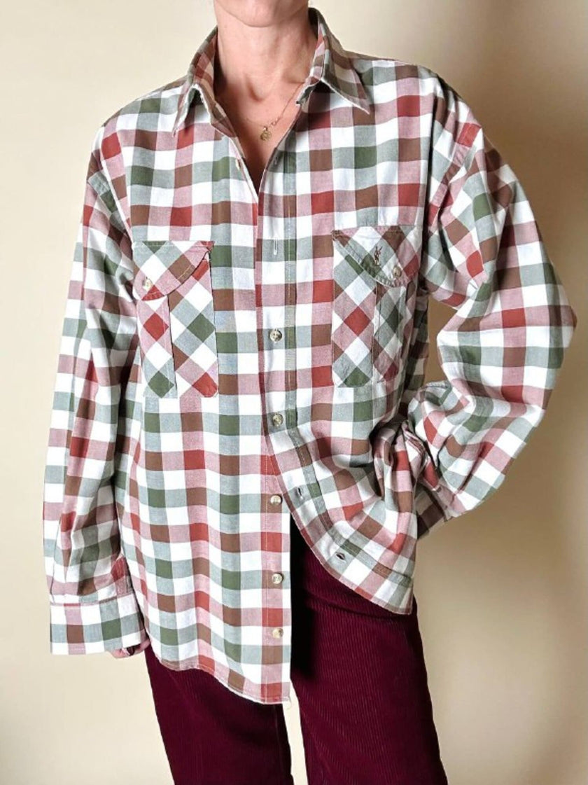 Camicia Yves Saint Laurent in cotone a quadri nei toni del bianco verde oliva e rosso mattone