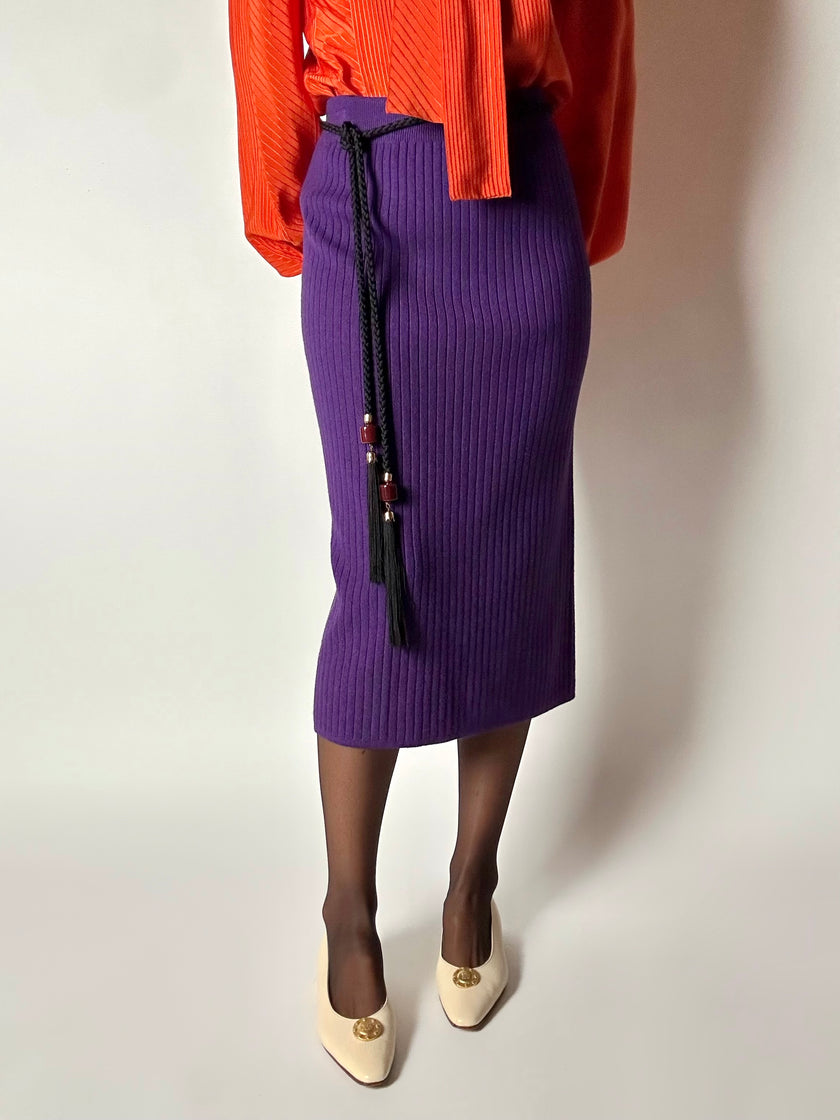 Gonna longuette Letizia De Meo in maglia viola a coste