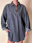 Blusa Yves Saint Laurent oversize in denim grigio con zip e logo ricamato