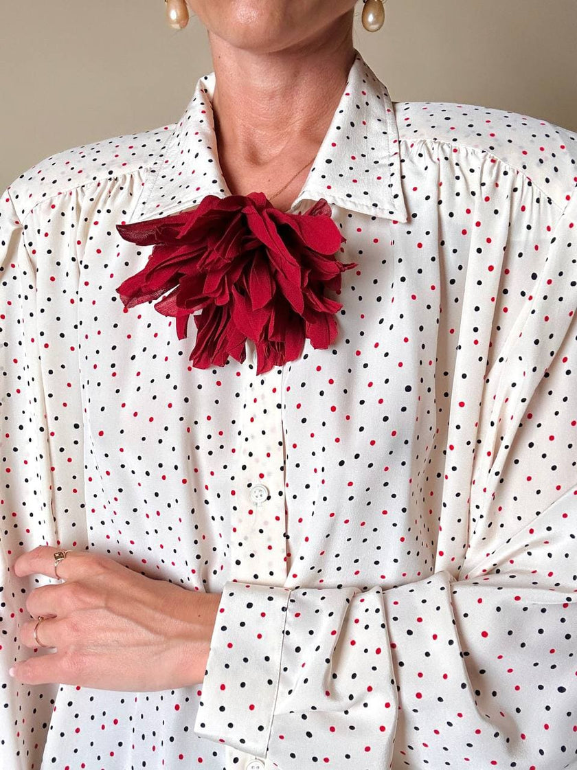 Camicia oversize in seta panna a pois rossi e neri “Corylady”