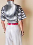 Moschino blue and white striped wrap blouse with embroidered peace symbol