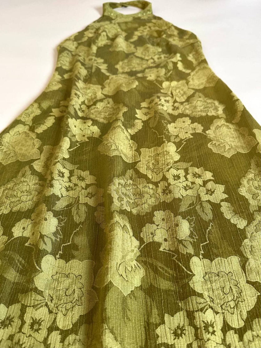 Abito vintage sartoriale con scollo all’americana in seta jacquard verde acido fantasia floreale