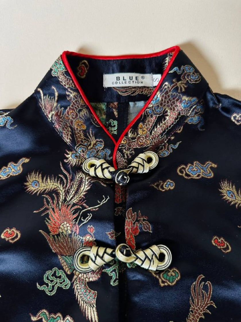 Qipao top in raso jacquard nero fantasia cinese