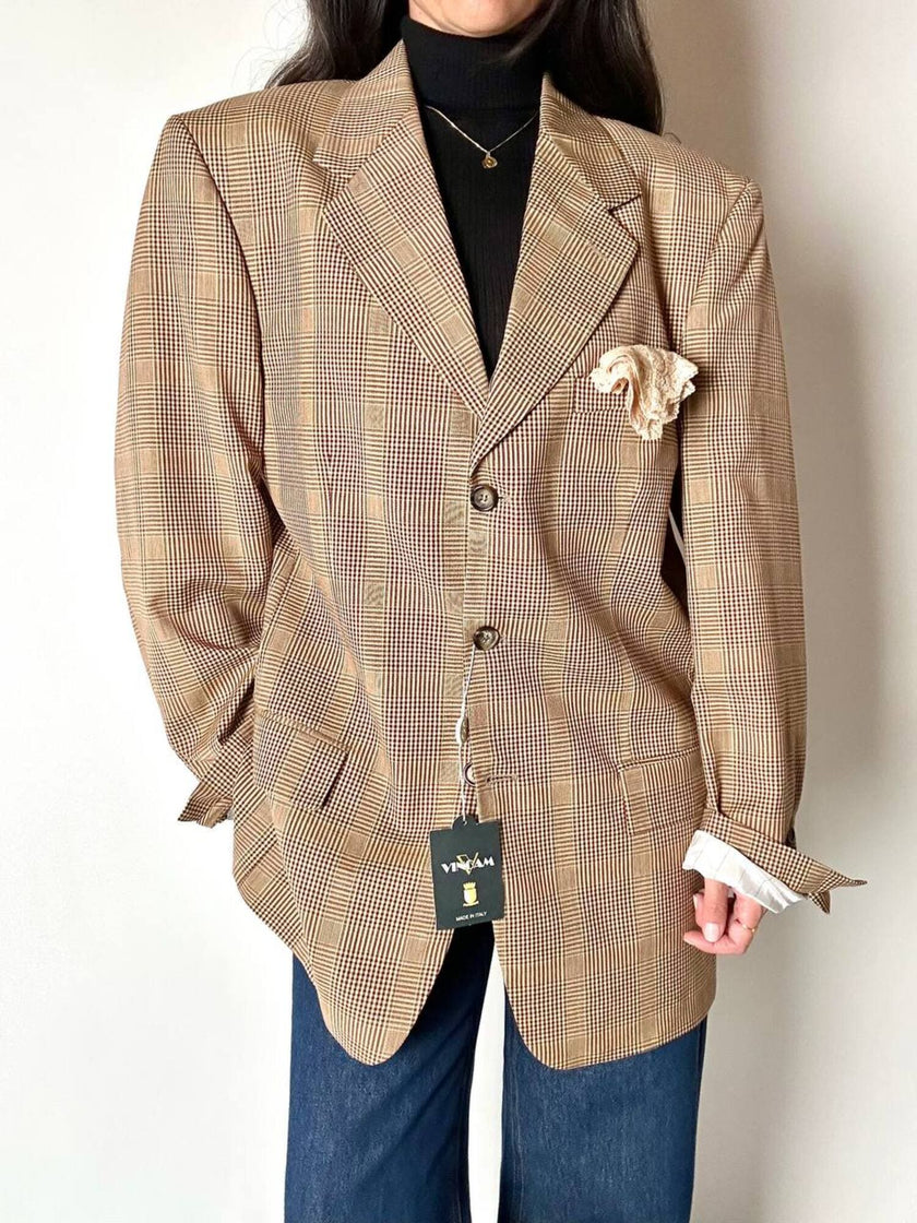 Blazer vintage oversize in fresco di lana principe di Galles beige e marrone con pochette in seta Vincam