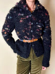 Cardigan in lana bouclé nera con lavorazione bottonata multicolor