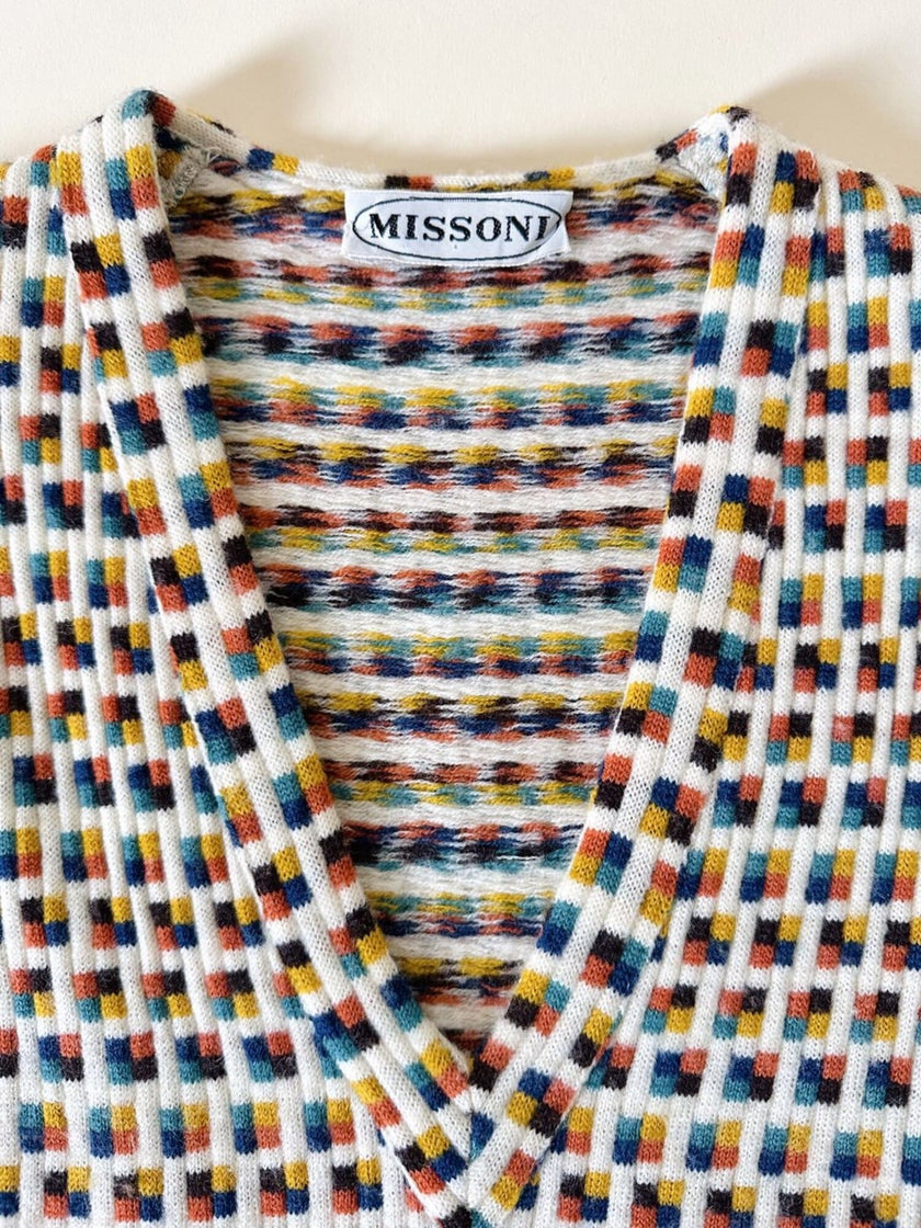Vintage Missoni-Weste aus strukturierter Wolle in Cremeweiß mit buntem Muster