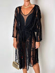 Kimono vintage in tulle nero con ricami floreali