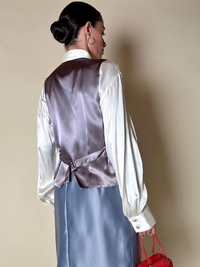 Completo gonna/gilet in raso grigio azzurro “Yves Saint Laurent”