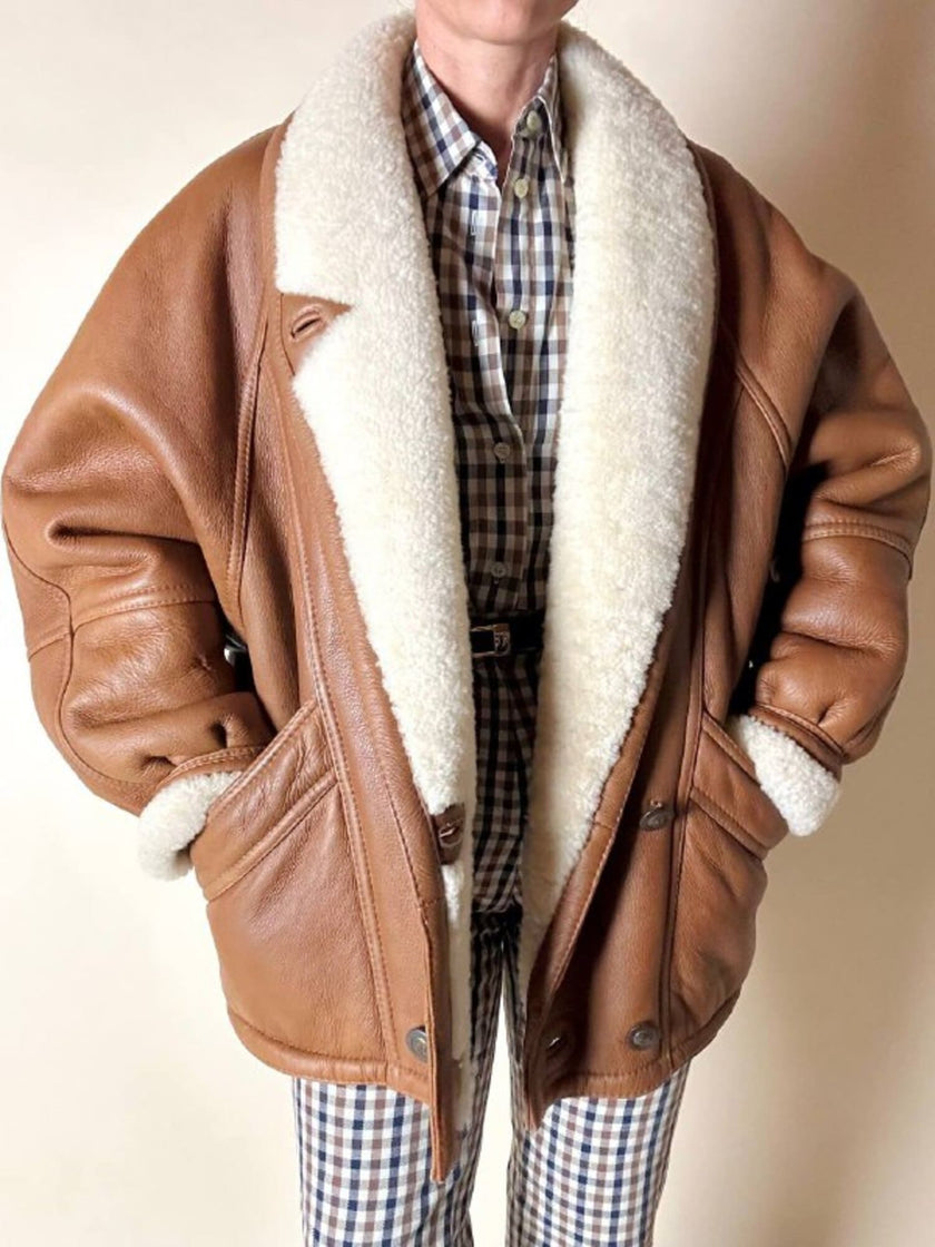 Schearling doppiopetto in pelle color cuoio con vello naturale Shearling Original