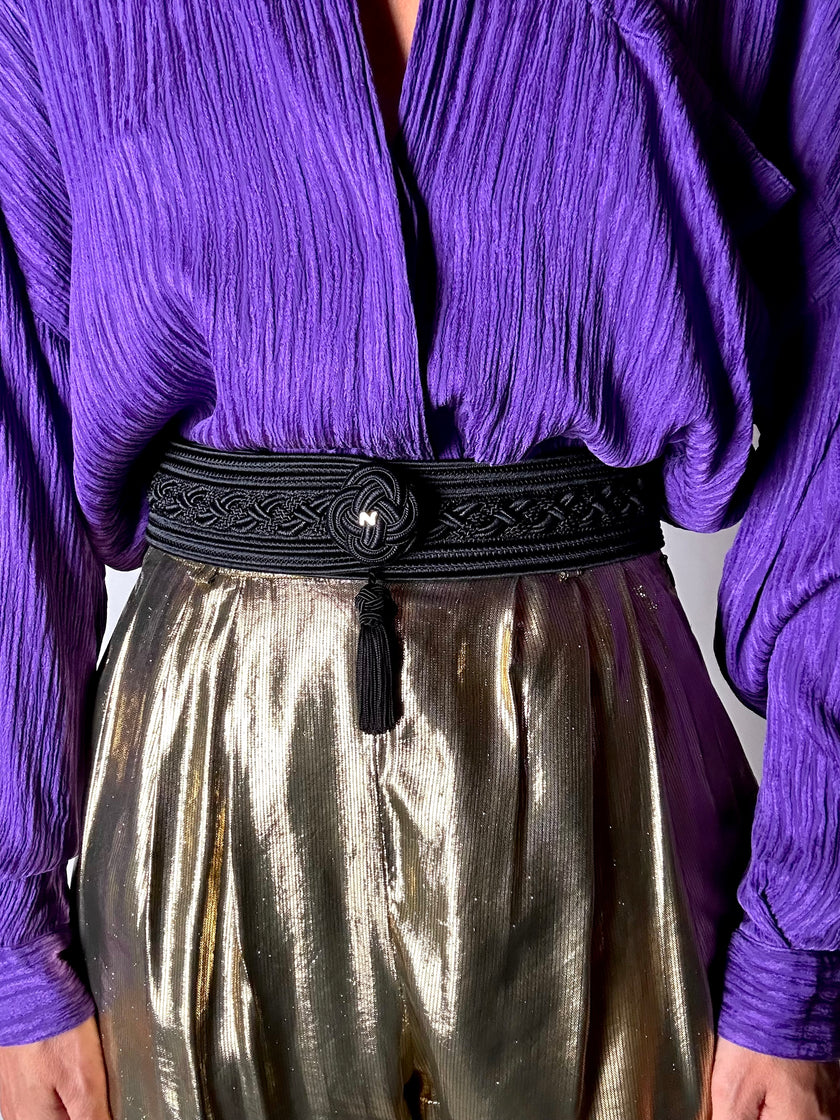 Cintura vintage Nina Ricci nera in passamaneria intrecciata con nappa couture