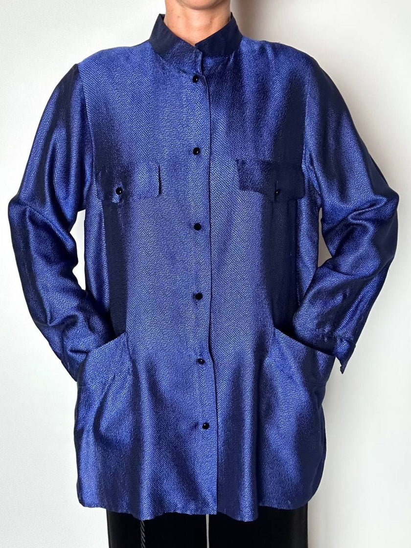 Giacca-camicia vintage in tessuto jacquard bluette