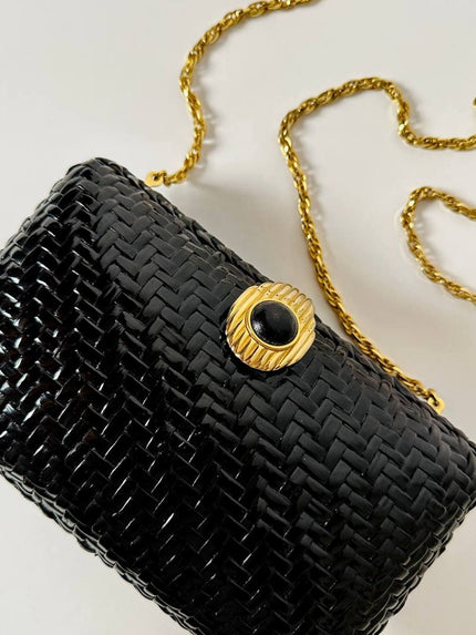 Borsa vintage Rodo in midollino nero e tracolla a carena