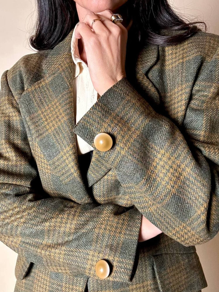 Blazer Yves Saint Laurent de lana con estampado de Príncipe de Gales verde y ocre