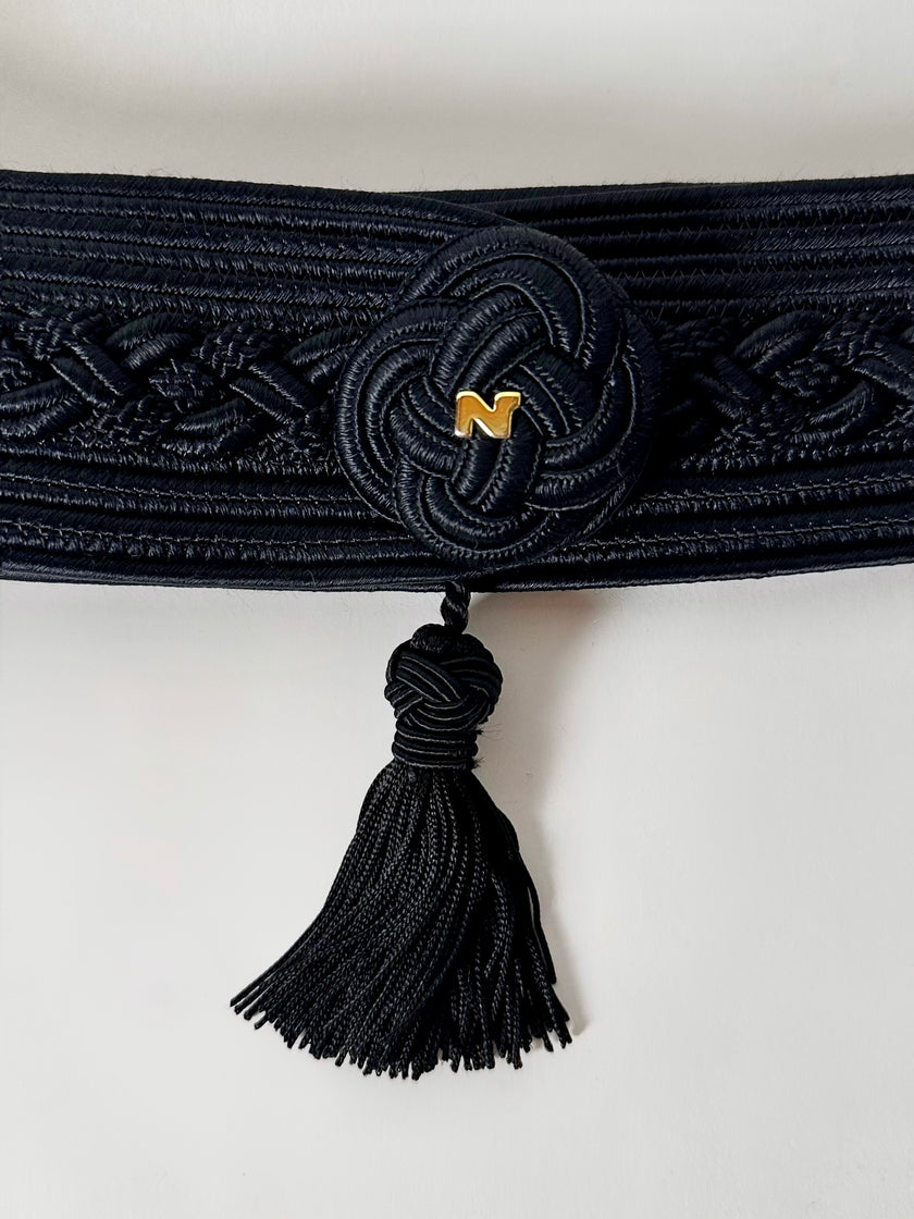 Cintura vintage Nina Ricci nera in passamaneria intrecciata con nappa couture