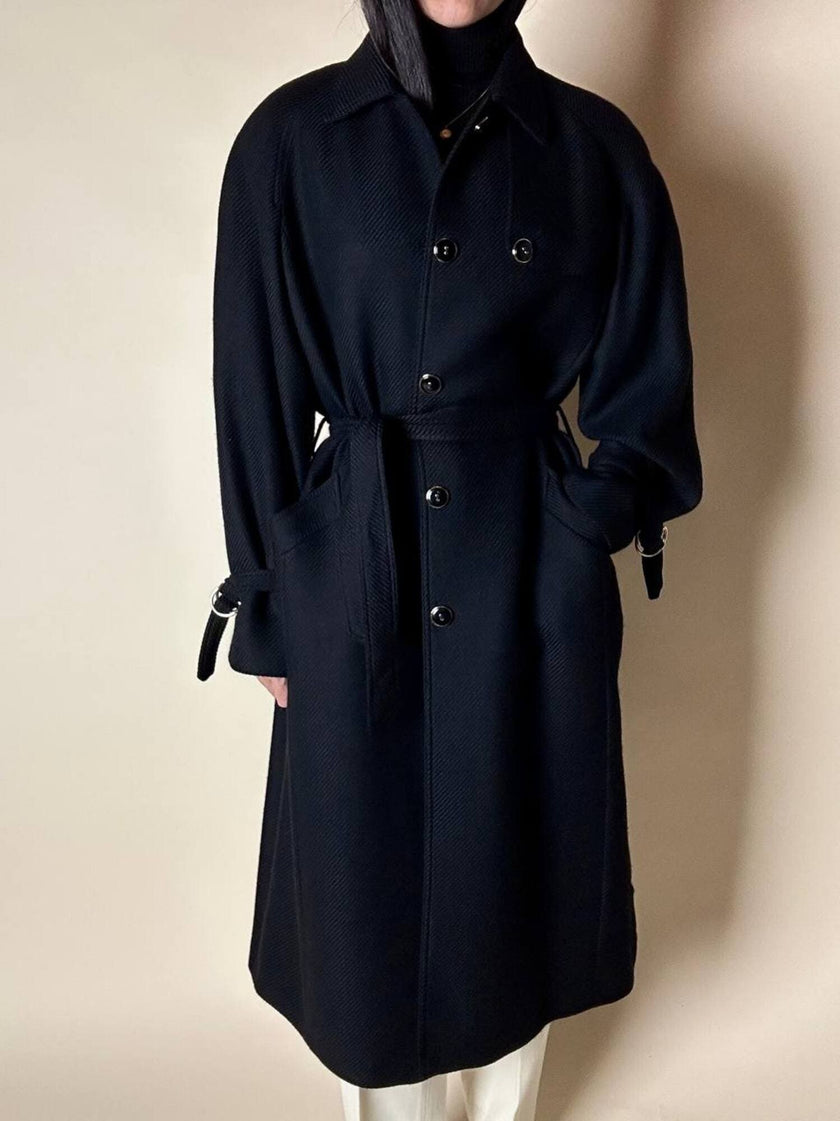 Cappotto lungo vintage in lana nera con taglio trench CGV Firenze