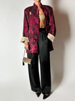 Giacca vintage in tessuto jacquard bordeaux con draghi cinesi e alamari