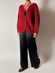 Cardigan vintage fatto a mano in lana mélange rossa e nera con bottoni dorati