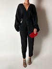 Jumpsuit vintage Emilio Pucci nera con maniche a pipistrello e nappa couture