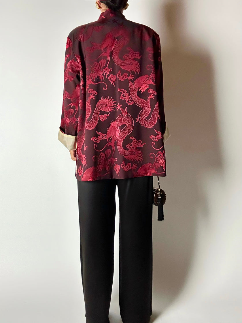 Giacca vintage in tessuto jacquard bordeaux con draghi cinesi e alamari