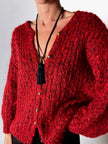 Cardigan vintage fatto a mano in lana mélange rossa e nera con bottoni dorati