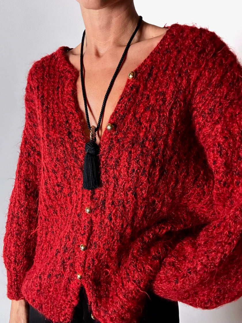 Cardigan vintage fatto a mano in lana mélange rossa e nera con bottoni dorati
