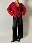 Cardigan vintage fatto a mano in lana mélange rossa e nera con bottoni dorati