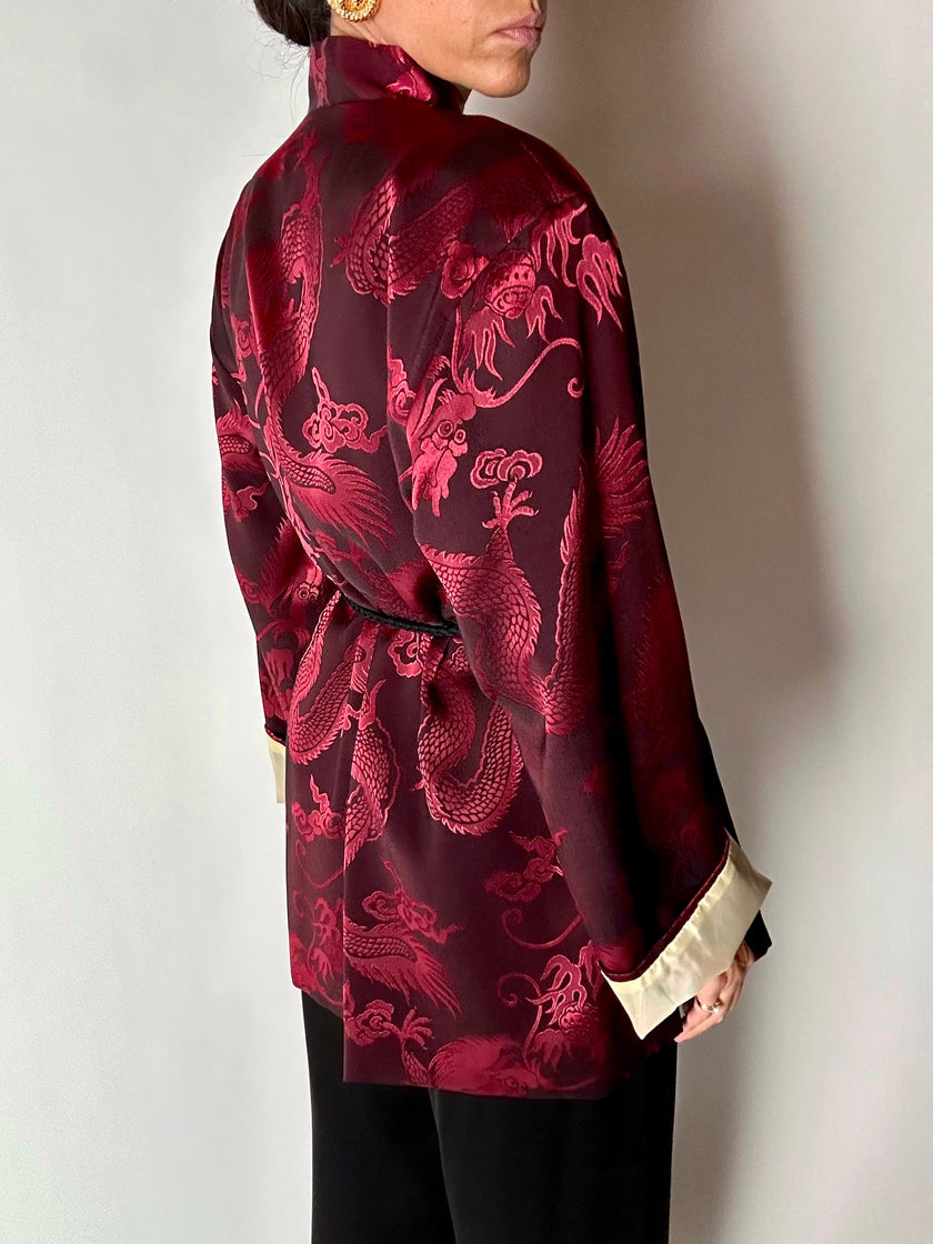 Giacca vintage in tessuto jacquard bordeaux con draghi cinesi e alamari
