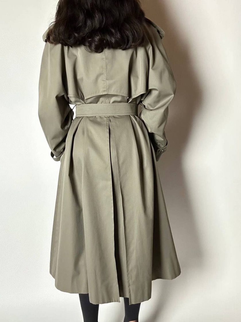 Vintage Aquascutum trench coat in khaki green gabardine with matching belt