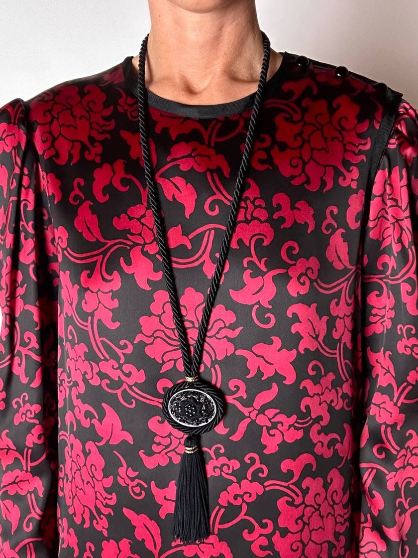Vintage-Halskette aus schwarzer Spiralkordel mit Schmuckanhänger und Couture-Quaste