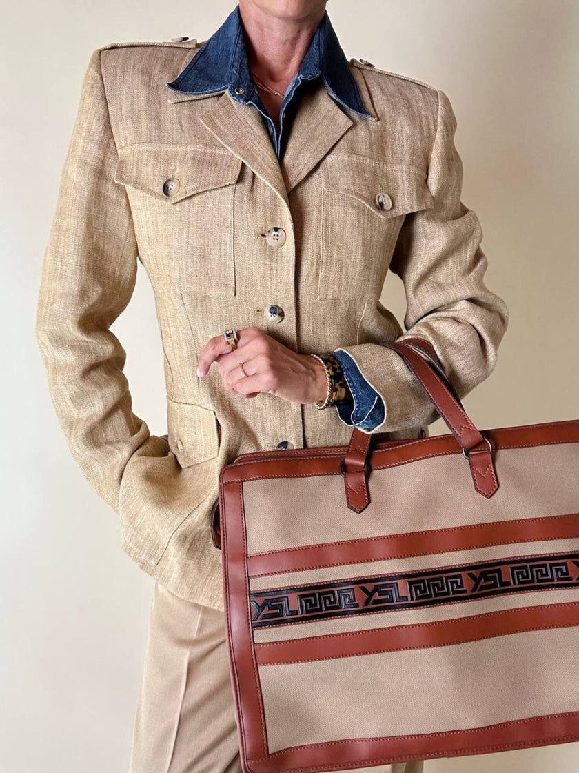 Borsa Yves Saint Laurent in canvas beige con profili color cuoio e motivo greca con logo