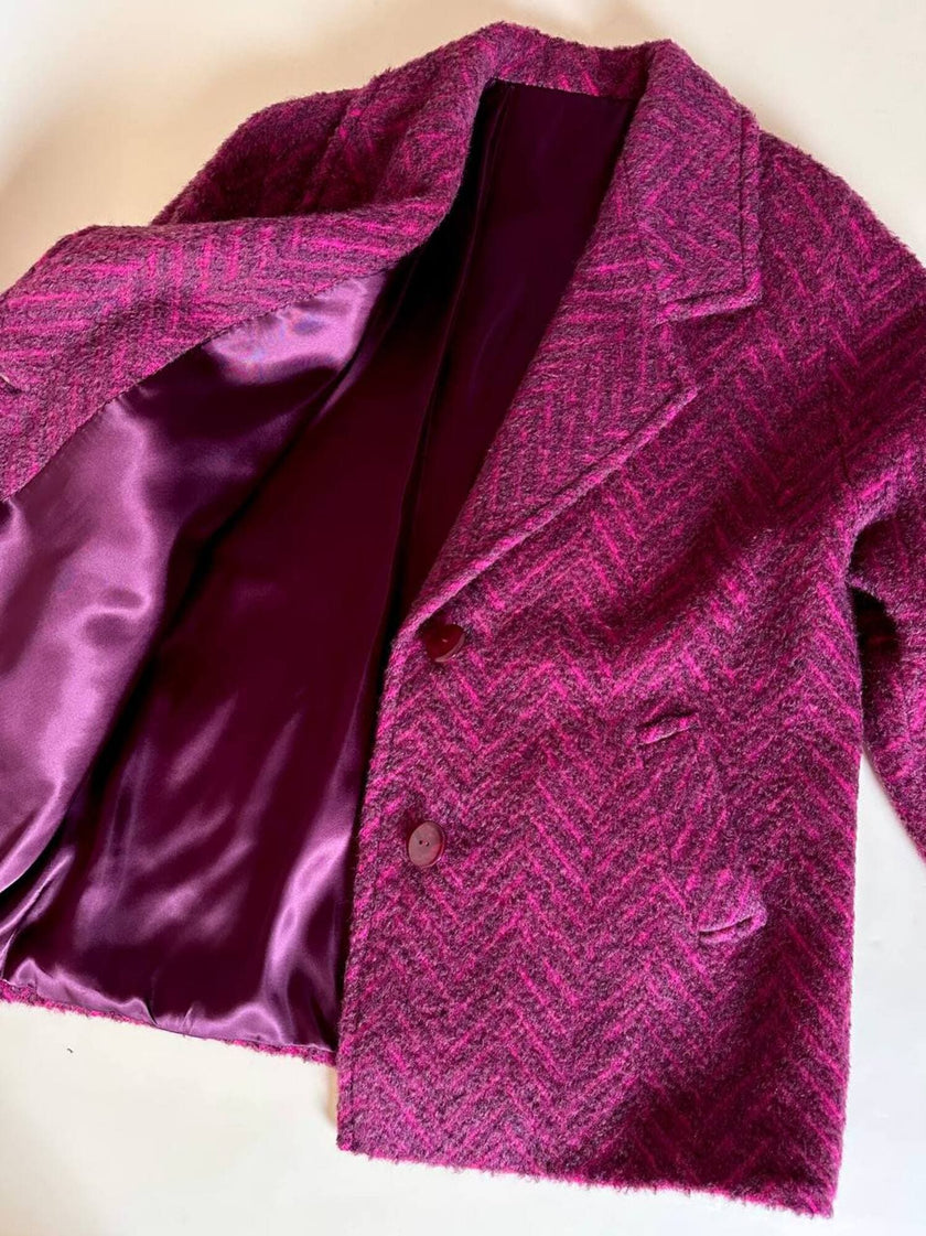 Capottino vintage spinato in tweed di lana e mohair magenta e prugna