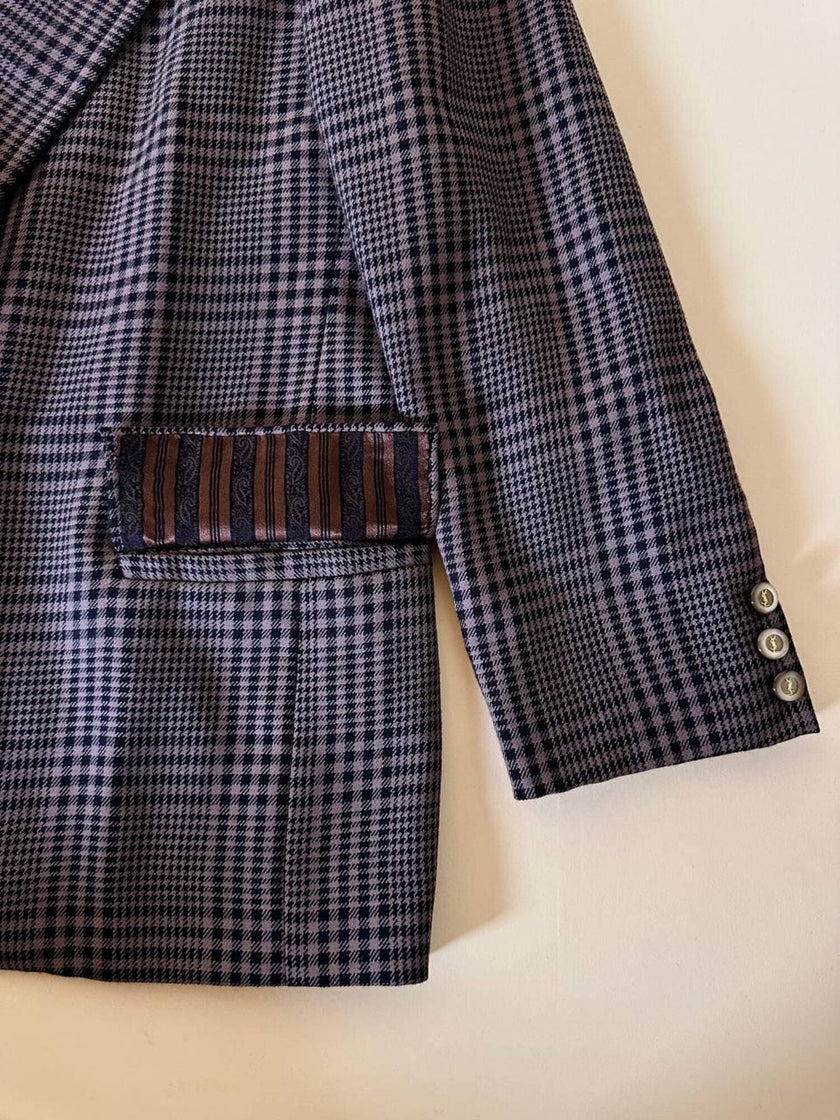 Blazer sartoriale in rasato di lana principe di Galles fango e nero
