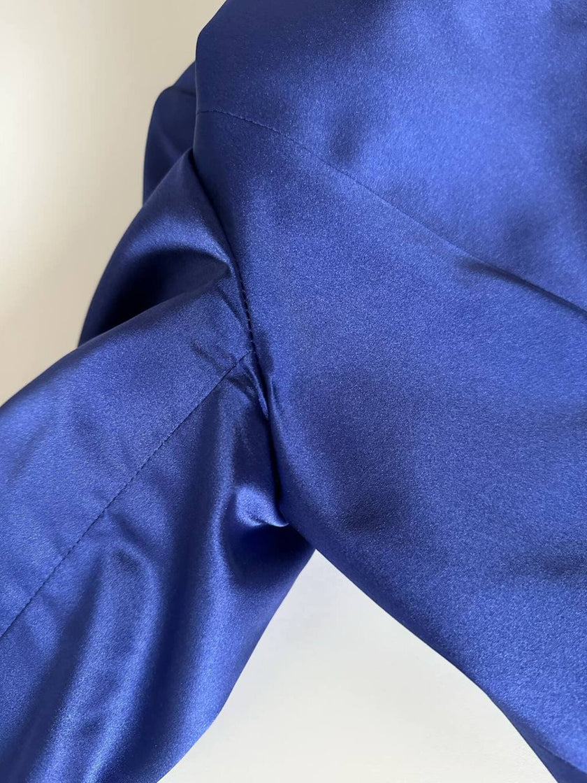 Vintage-Jacke von Yves Saint Laurent aus kobaltblauem Satin mit mehrfarbigen Schmuckknöpfen