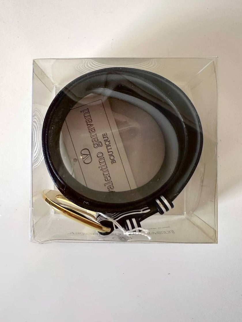 Vintage Valentino Garavani black and white striped belt with metal and resin hardware