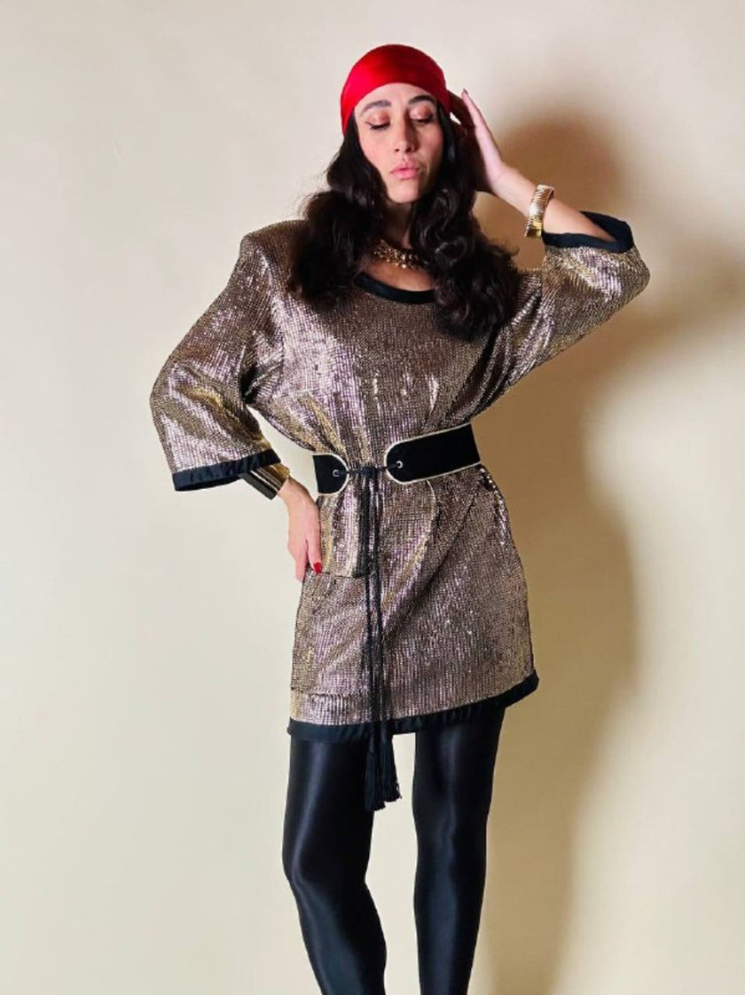 Mini dress oro in tessuto operato con profili neri in raso nero  “Yves Saint Laurent”