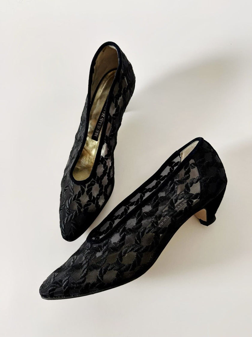 Ballerine vintage Walter Steiger in rete nera ricamata