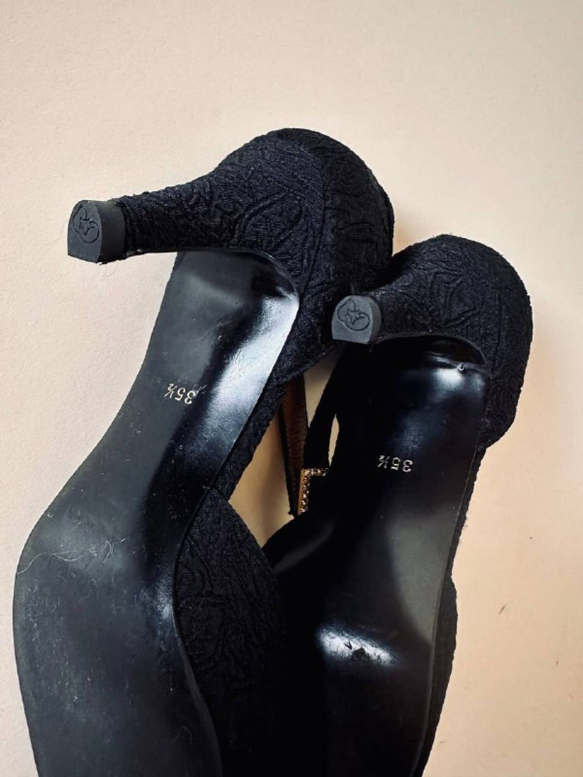 Scarpe in broccato nero con fibbie gioiello Yves Saint Laurent