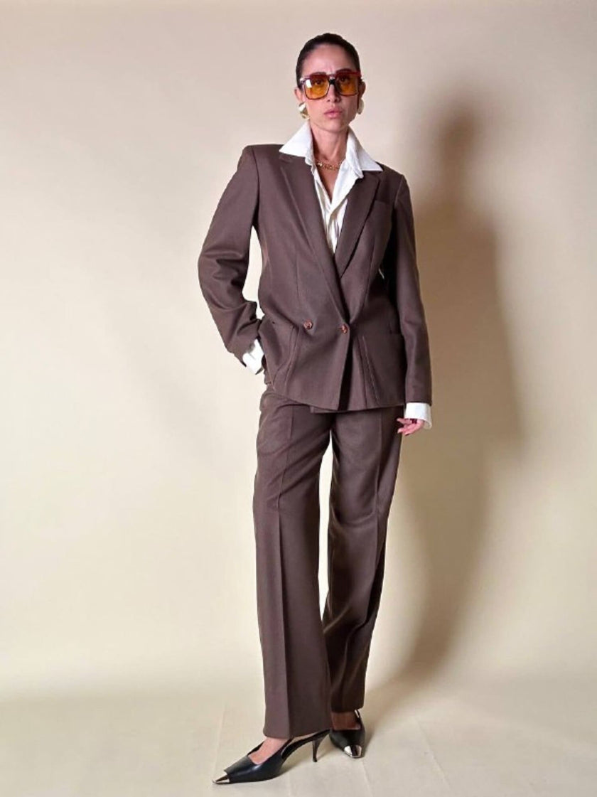 Tailleur giacca/pantalone in lana marrone chiaro “Prestige”