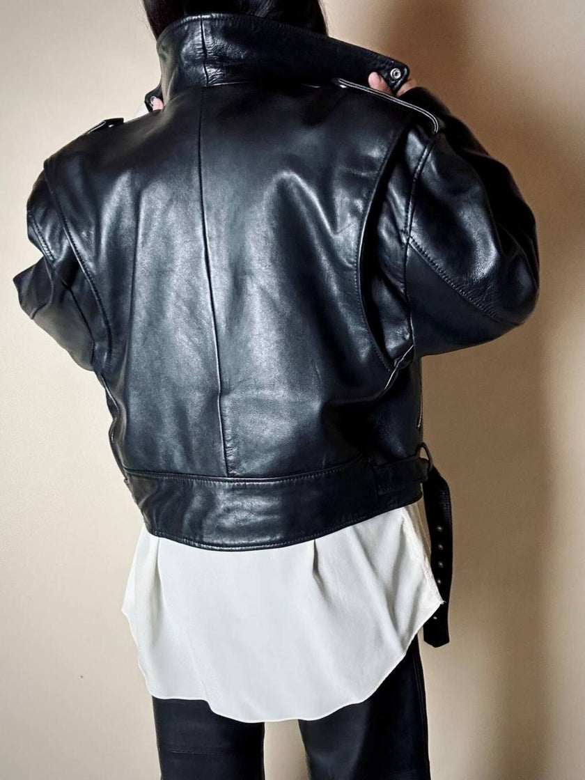 Giacca biker vintage in pregiata pelle nera con fodera trapuntata