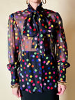 Camicia con fiocco in chiffon di seta nero a pois multicolor “D&G”