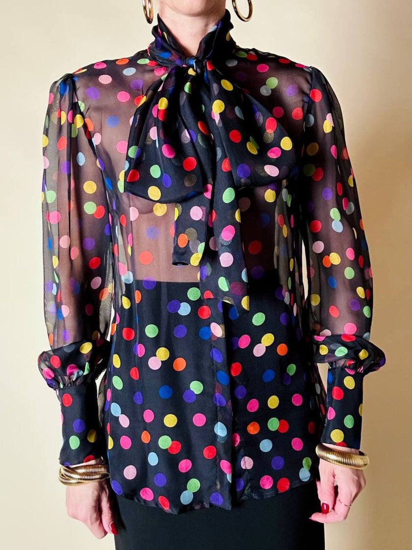 Camicia con fiocco in chiffon di seta nero a pois multicolor “D&G”