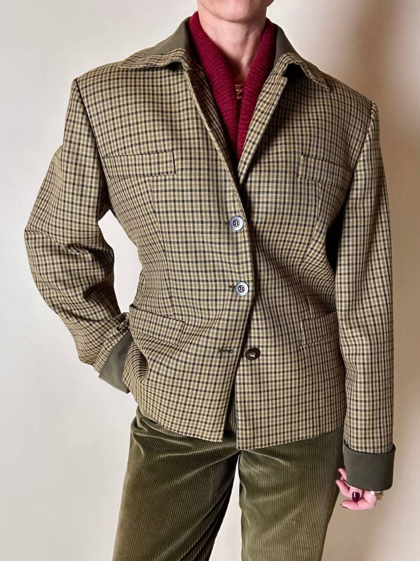 Blazer Byblos in rasato di lana pied de poule beige e verde con riporti verde oliva