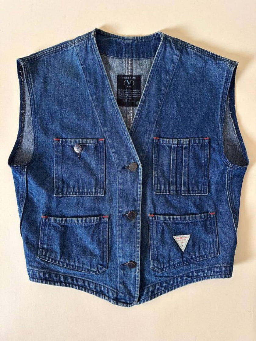 Gilet Valentino Jeans in denim blu slavato con bottoni a chiodo
