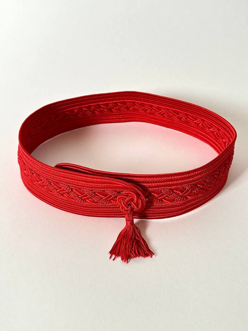 Cintura vintage rossa realizzata con intreccio di passamanerie e nappa couture