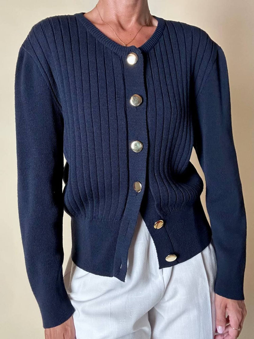 Cardigan Yves Saint Laurent blu navy con bottoni dorati a specchio