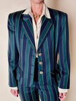 Witty Girl ensemble in bottle green and midnight blue vertical-striped wool jersey