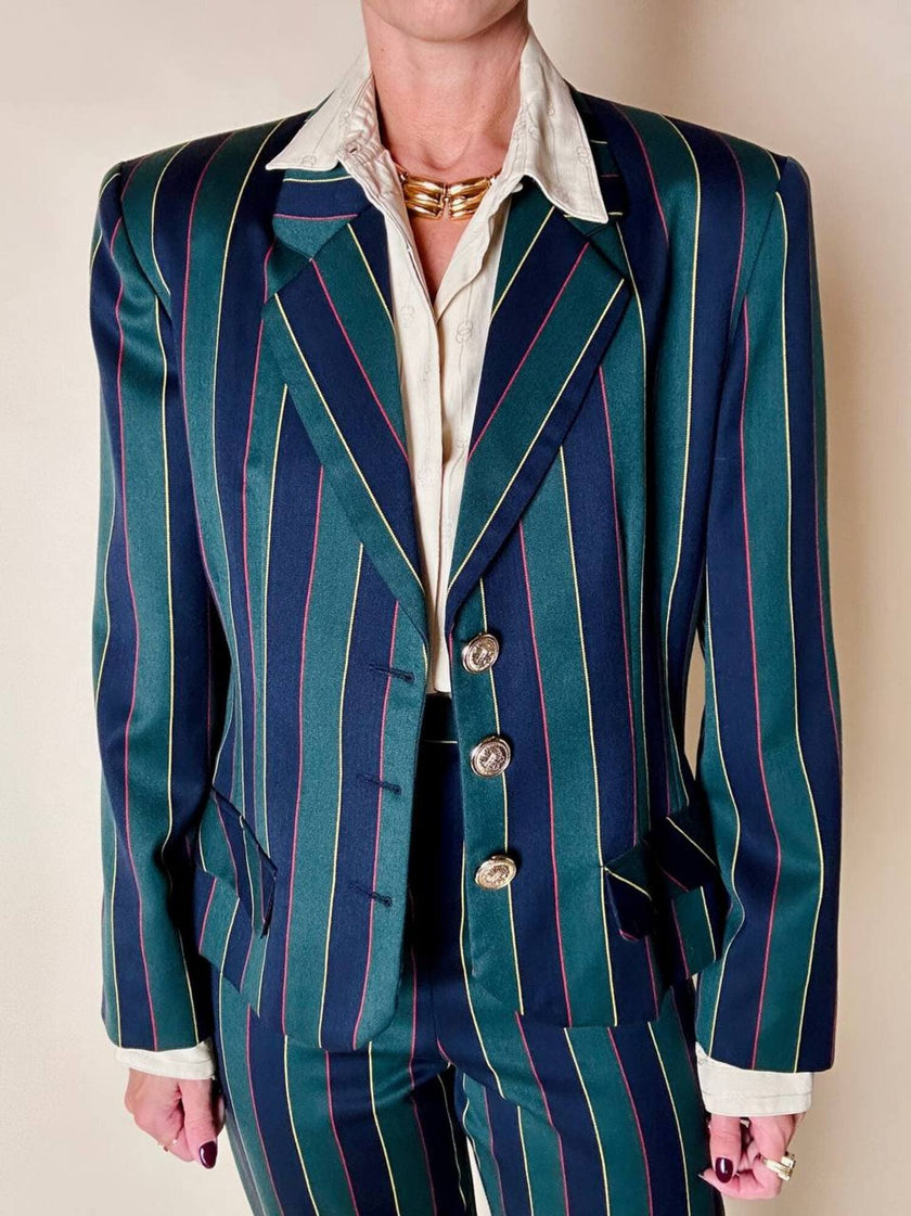 Witty Girl ensemble in bottle green and midnight blue vertical-striped wool jersey